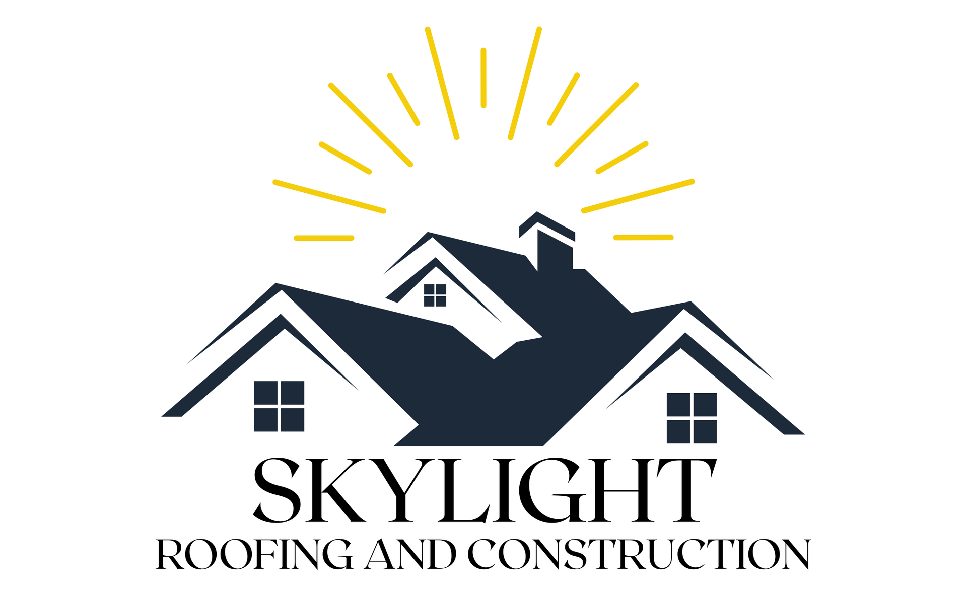 Skylight Roofing and Construction logo with navy rooflines, yellow sun rays, and house silhouettes