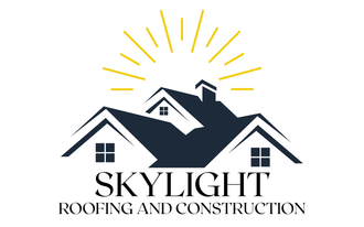 Skylight Roofing and Construction logo with navy rooflines, yellow sun rays, and house silhouettes