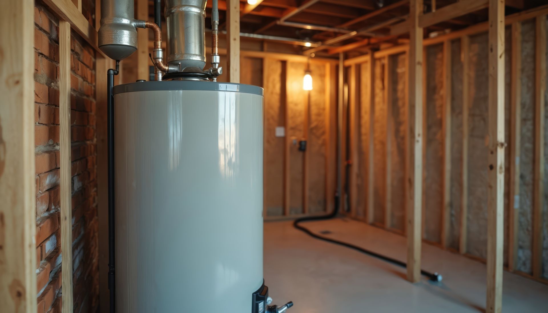 A beige water heater stands in a basement room with exposed brick walls, unfinished wooden studs, and concrete flooring.