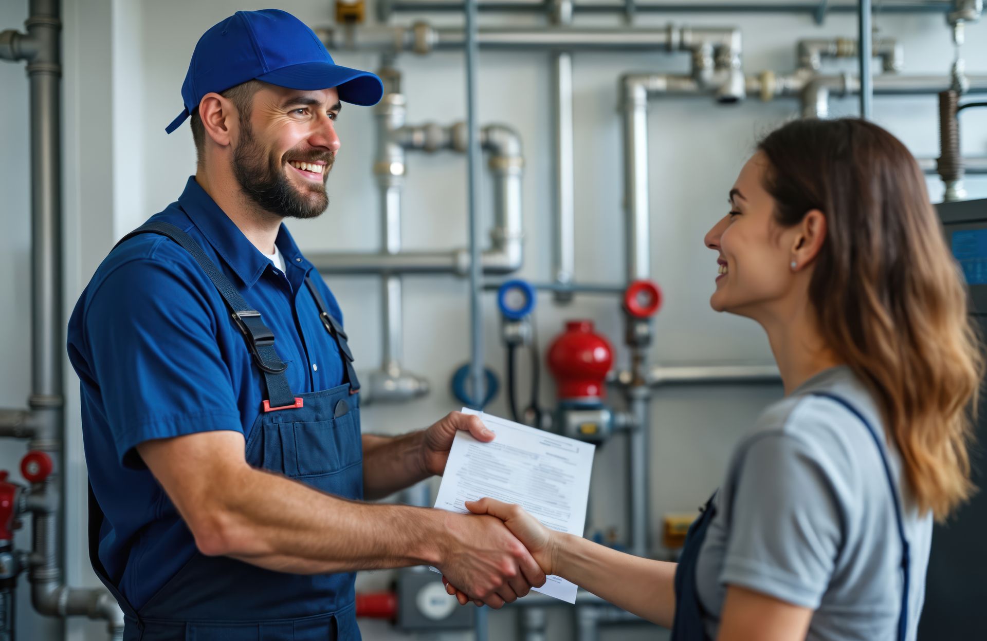 Technician in blue uniform shaking hands with a woman in an industrial facility, holding paperwork.