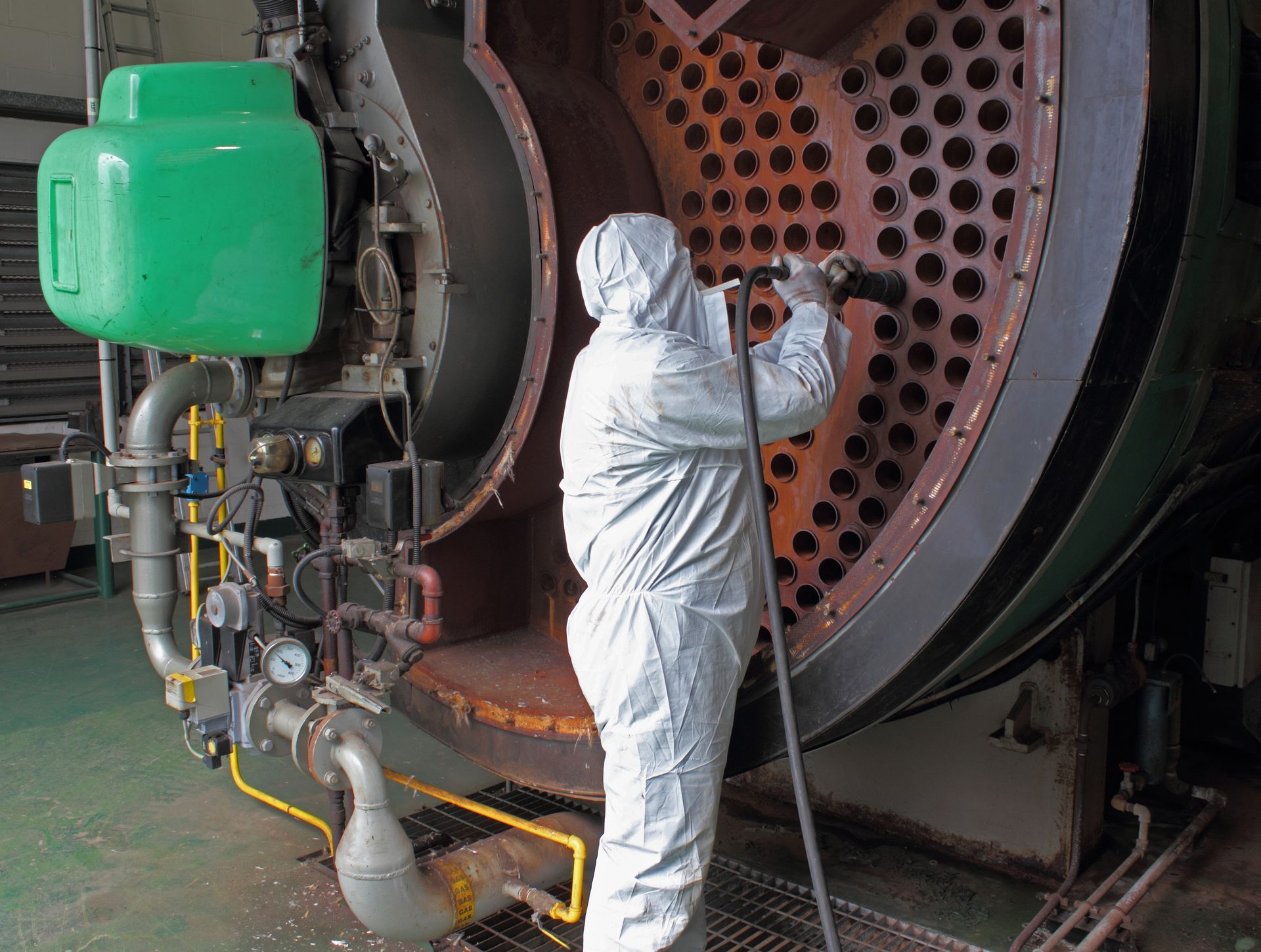 Worker in white protective suit inspecting a large industrial boiler or furnace opening.
