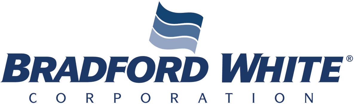 Logo for Bradford White Corporation, with a stylized flag graphic in shades of blue above the brand name in dark blue.