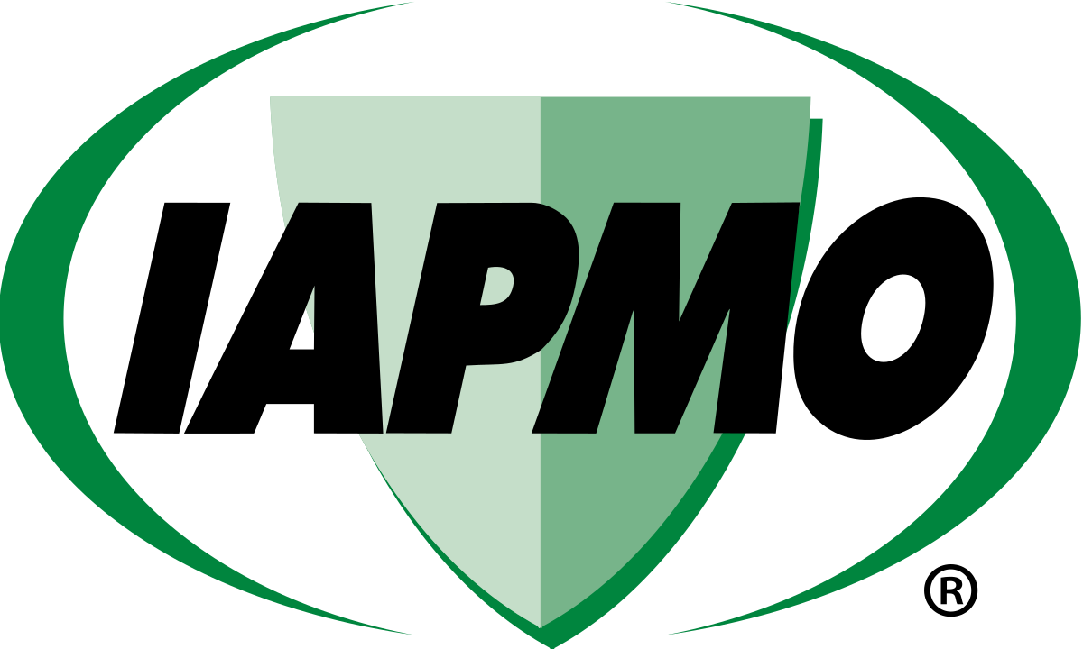 IAPMO logo: Black text "IAPMO" inside a green shield, enclosed by a green oval on a white background.