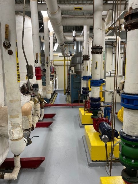 A mechanical room with white pipes, yellow pumps, and a gray floor.