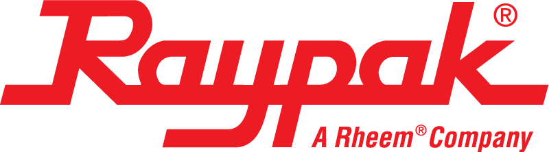 Red Raypak logo with "A Rheem Company" in smaller font.