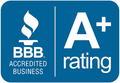 Blue BBB Accredited Business badge with a torch icon and an A+ rating displayed in white text.