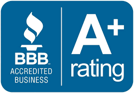 BBB Accredited Business logo with an A+ rating on a blue background. The logo includes a flame icon.