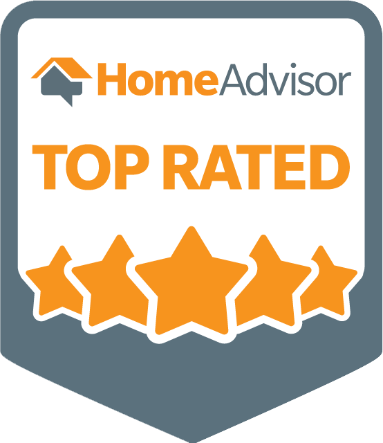 HomeAdvisor Top Rated badge with orange text and five stars on a gray background.