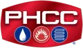 Logo for PHCC featuring white text on a red background, with icons for water, fire, and a heating coil below.