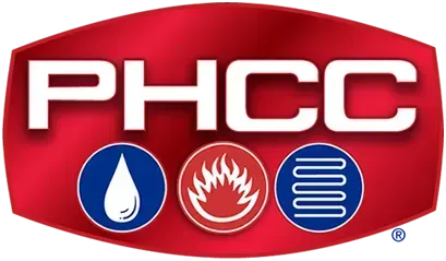 Logo for PHCC, with white text on a red background. The logo includes symbols for water, fire, and heating.