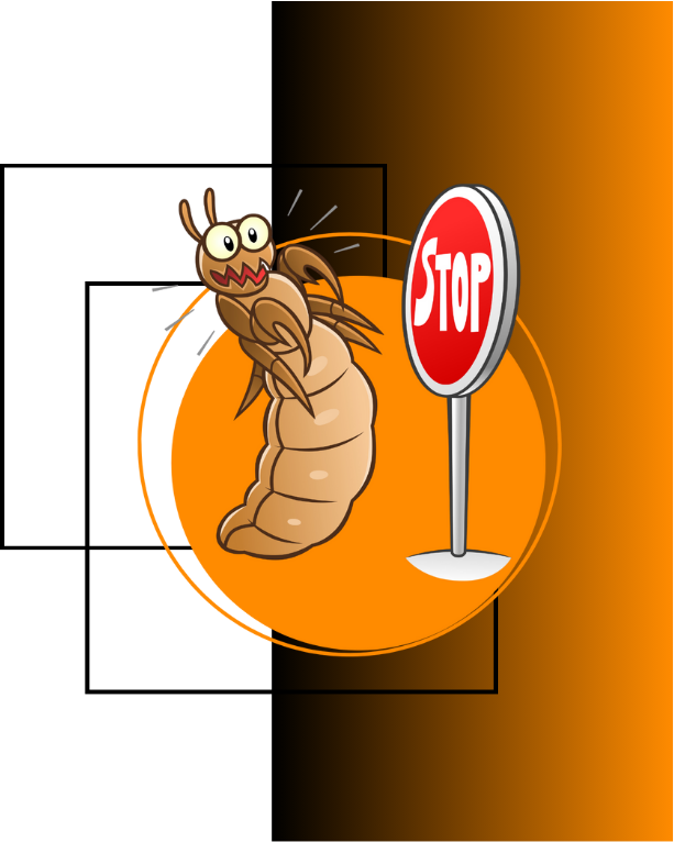 A cartoon termite is standing next to a stop sign