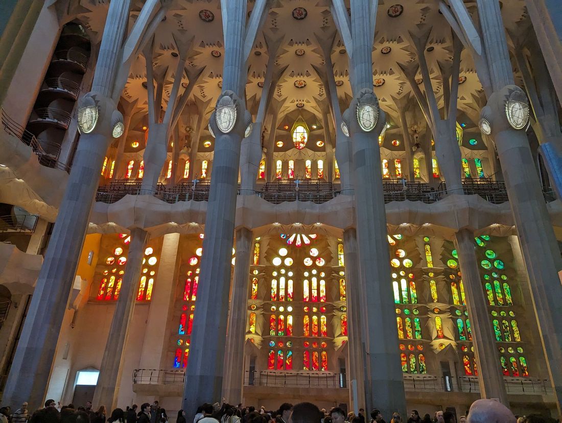 The interior and stained glass windows of Basílica de la Sagrada Família in Barcelona, Spain