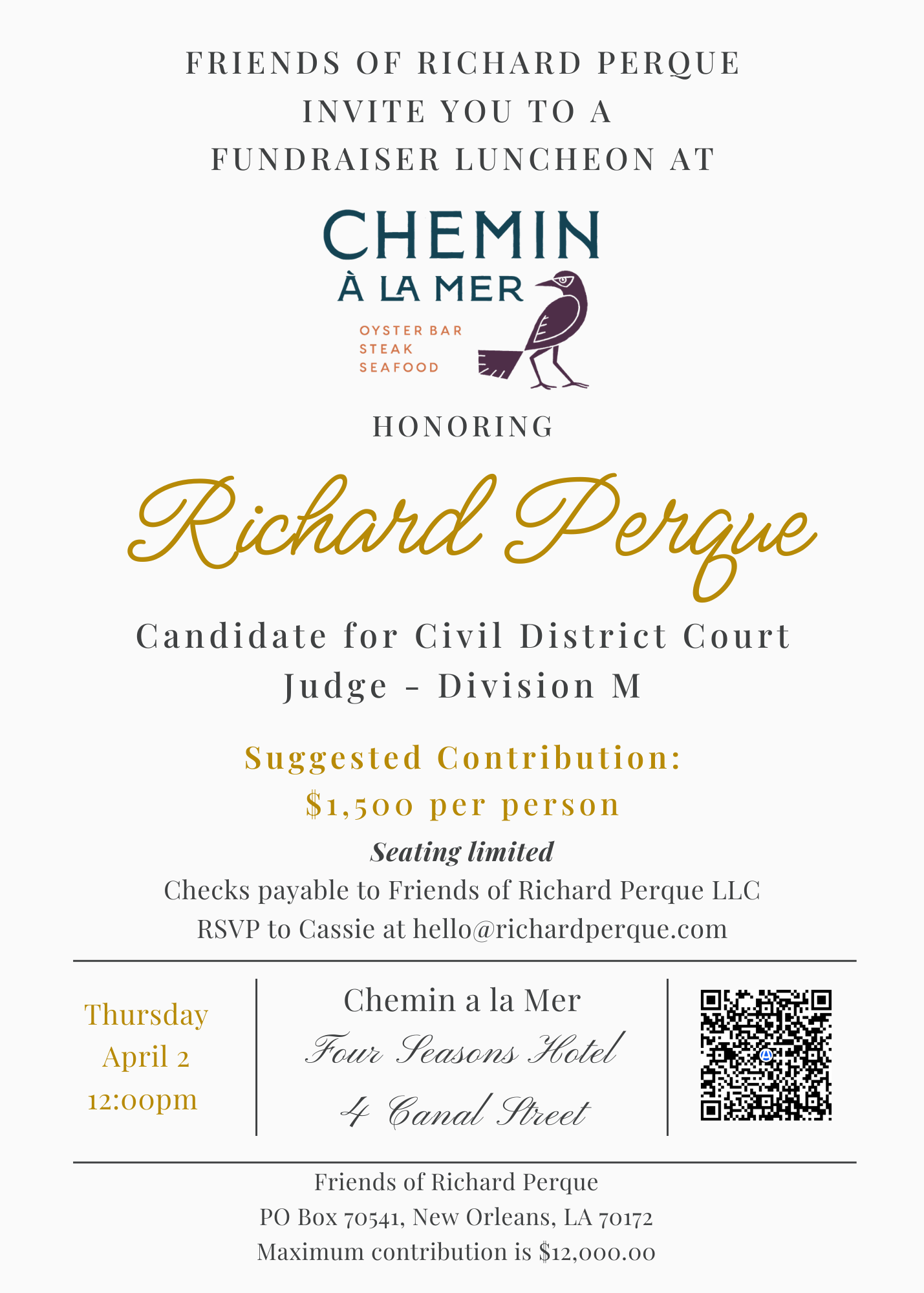 Fundraiser luncheon invitation for Civil District Court Judge candidate Richard Perque at Chemin à la Mer, April 2, 12pm.