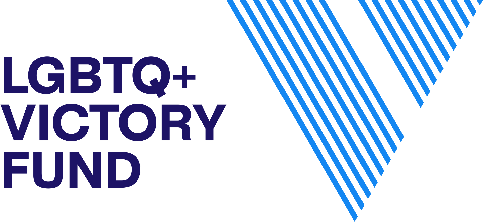 Logo for the LGBTQ+ Victory Fund, featuring bold blue text and a stylized, diagonally striped blue V icon.
