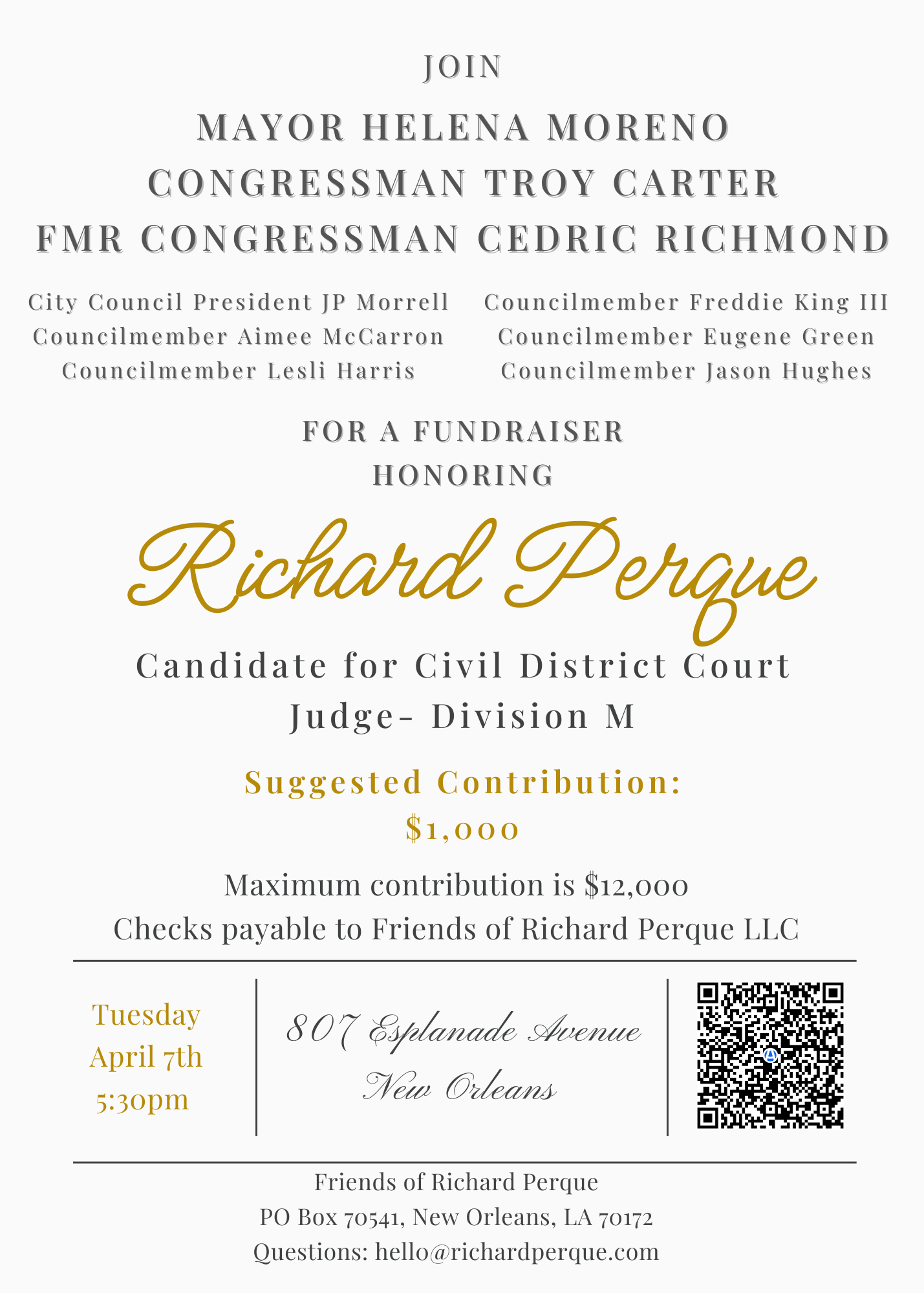 Fundraiser invitation for Civil District Court Judge candidate Richard Perque on April 7th at 3:30pm in New Orleans.