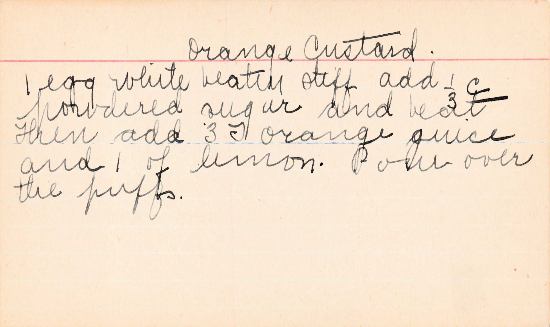 Handwritten recipe card for orange custard.