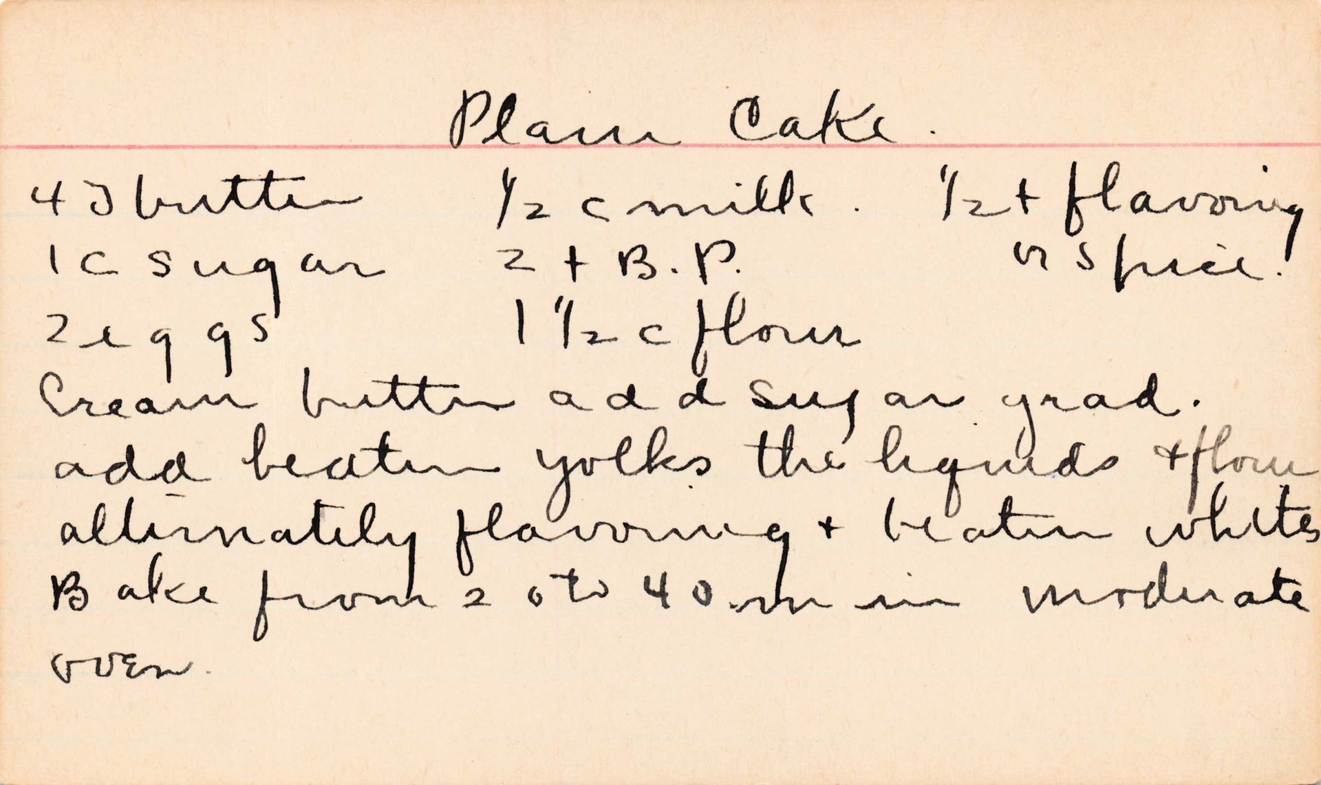 Handwritten recipe card for plain cake; ingredients and instructions listed.