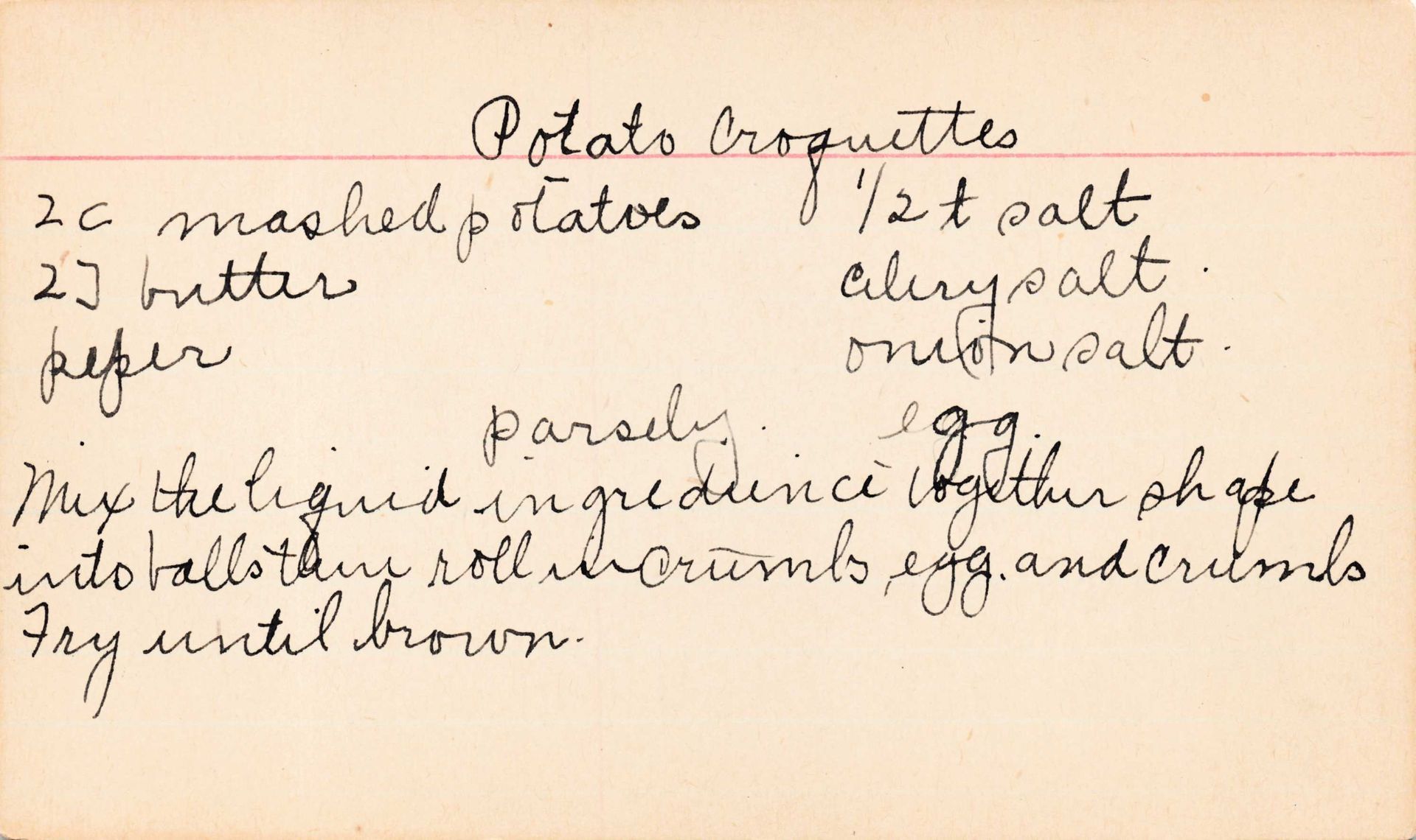 Handwritten recipe card for potato croquettes.