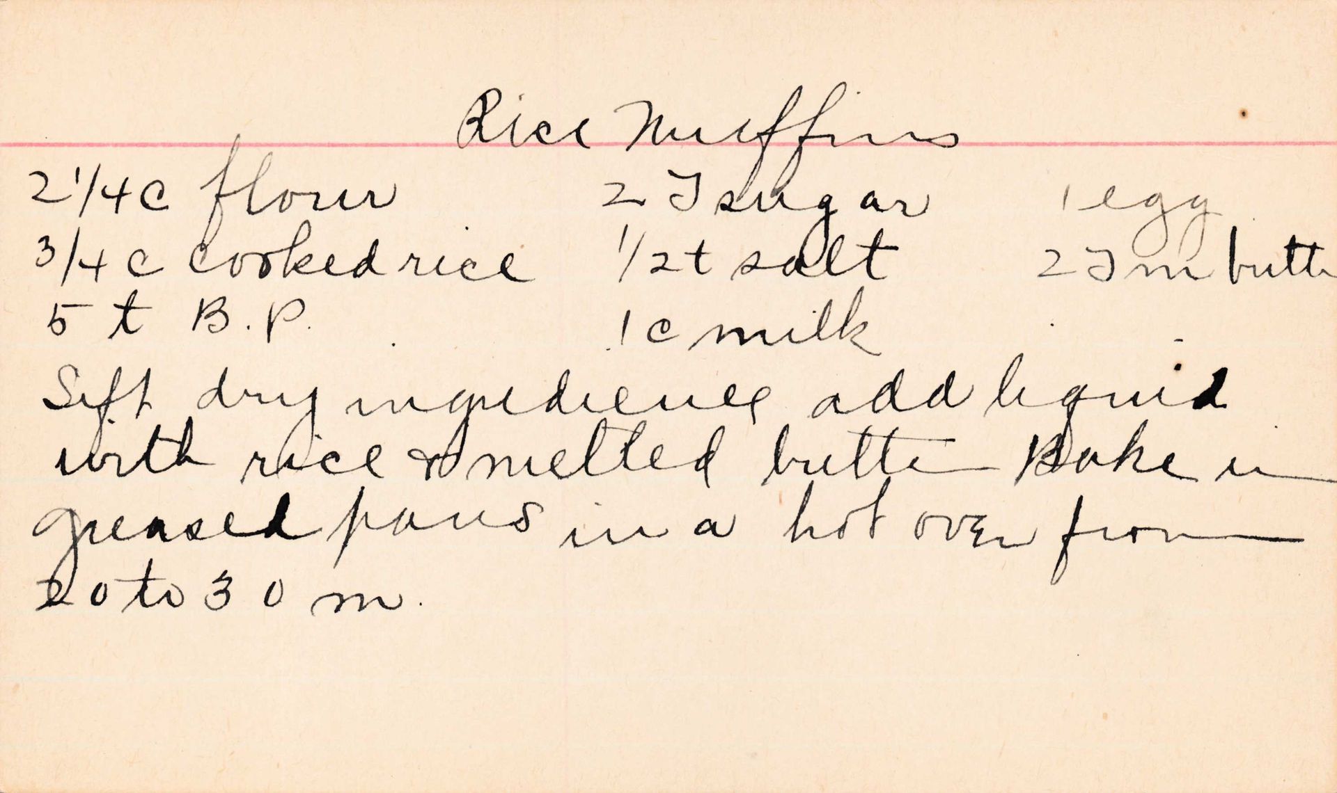 Handwritten recipe card for Rice Muffins, with ingredients and instructions.