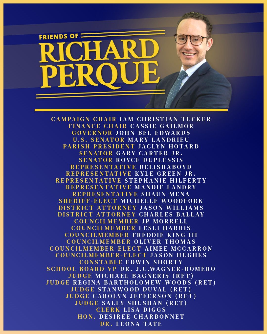 Political campaign flyer for Richard Perque, with a portrait and a list of supporters.