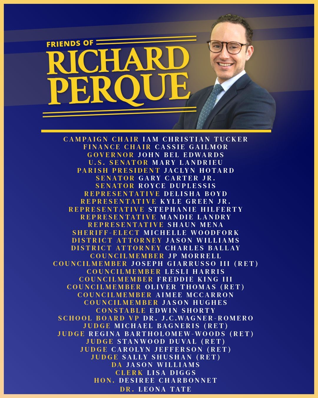 Political campaign flyer for Richard Perque, with a portrait and a list of supporters.