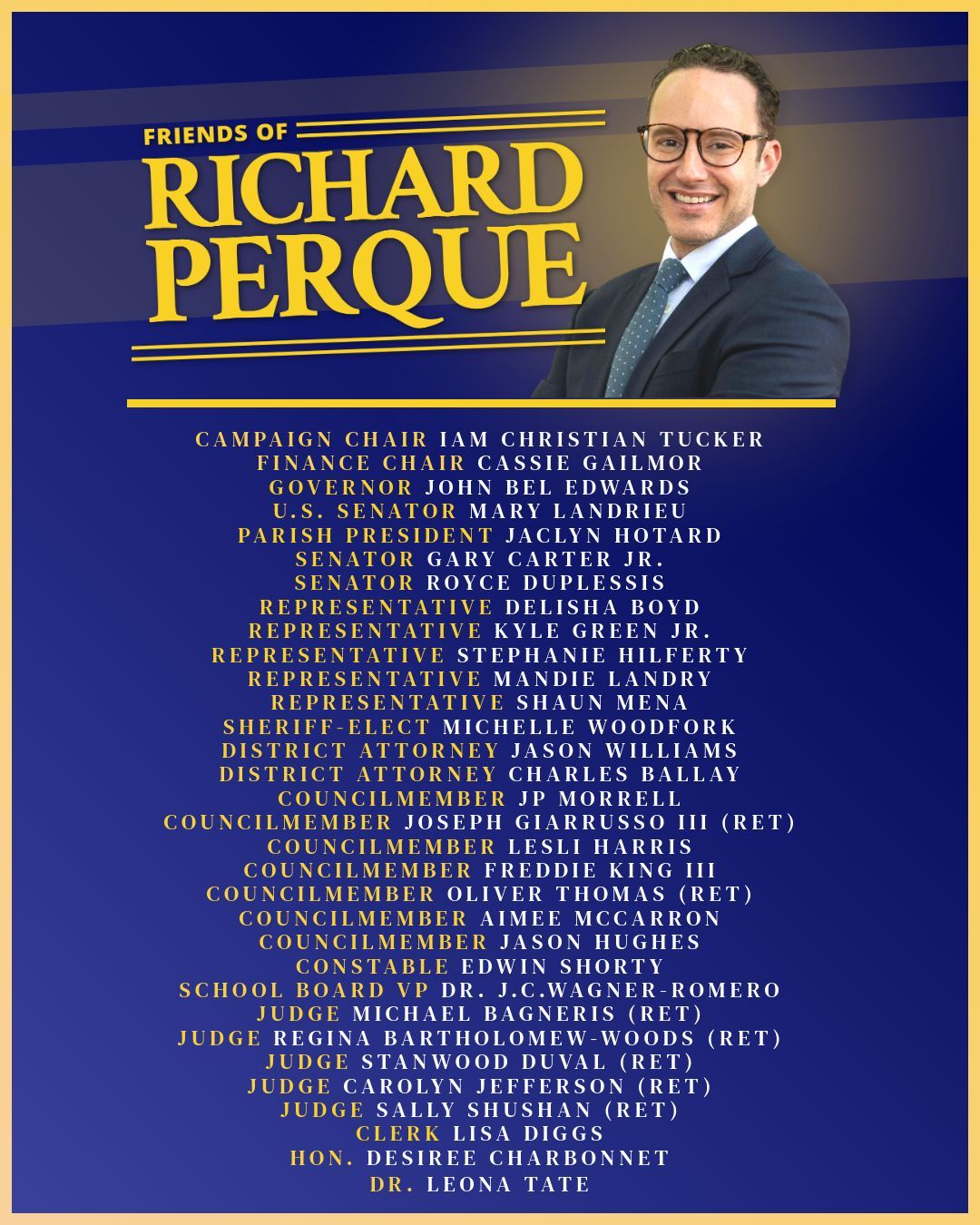 Political campaign flyer for Richard Perque, with a portrait and a list of supporters.