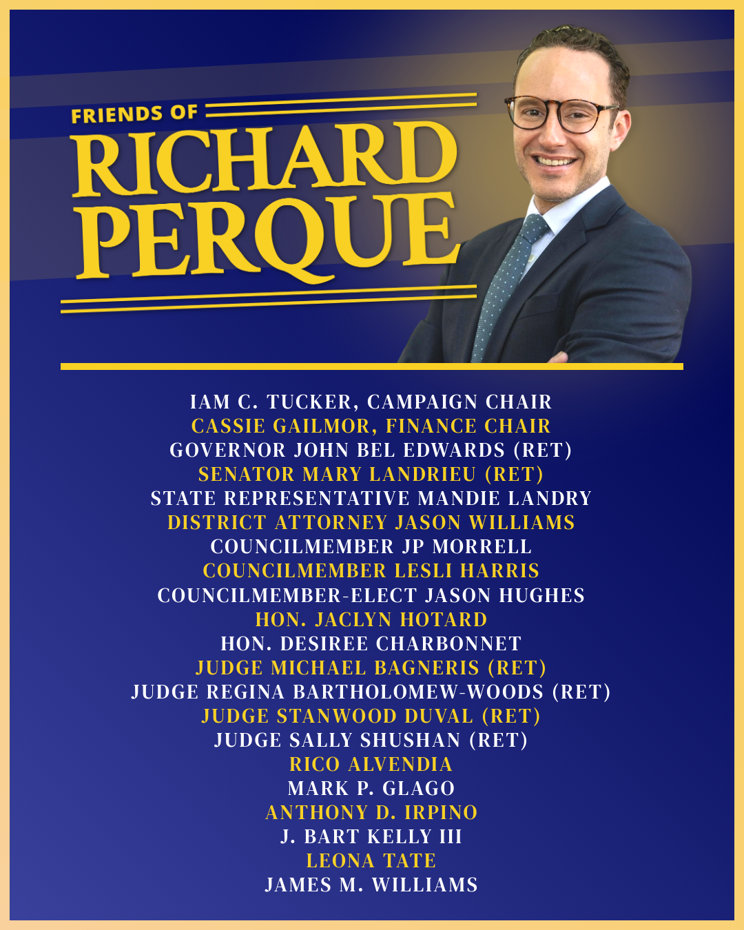 Political campaign flyer for Richard Perque, with a portrait and a list of supporters.