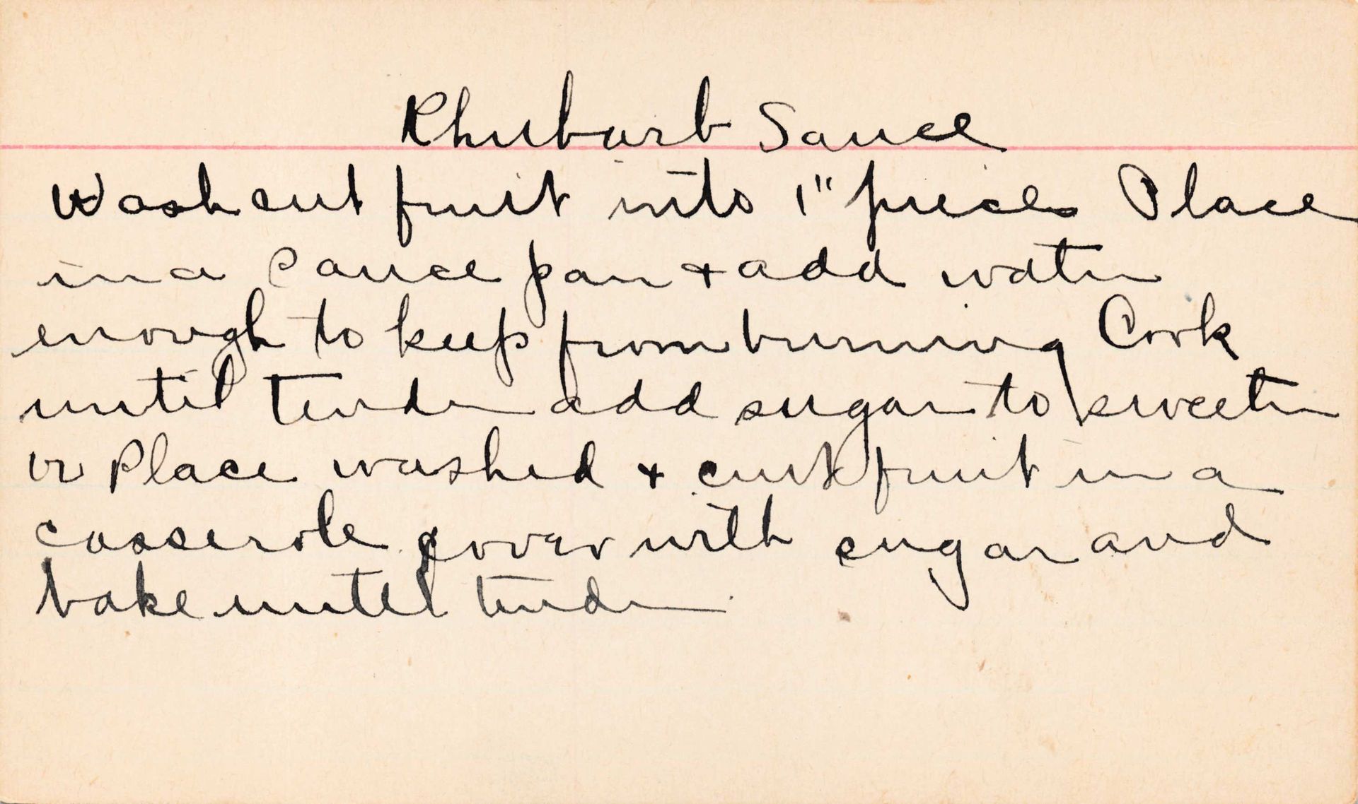 Handwritten recipe card for rhubarb sauce.