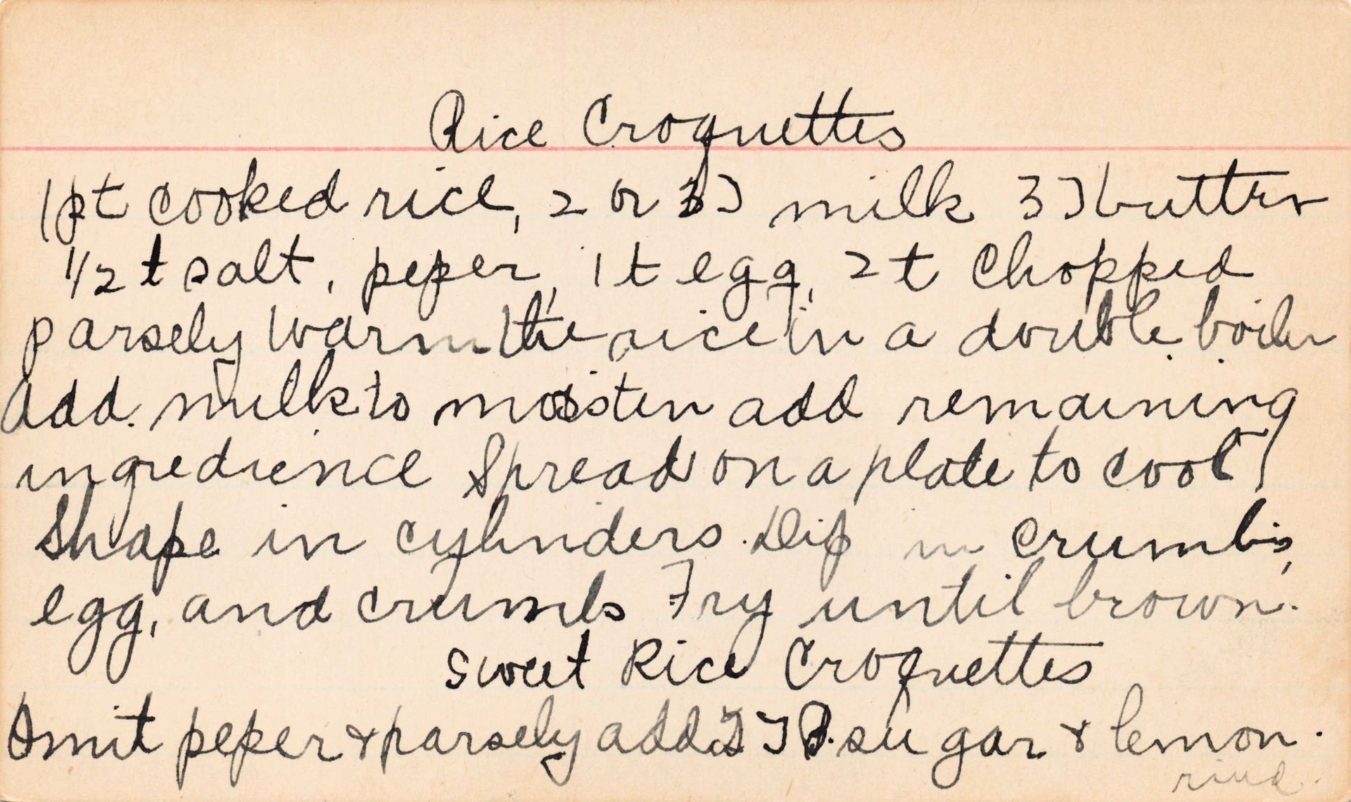 Handwritten recipe card for Rice Croquettes; lists ingredients and instructions.