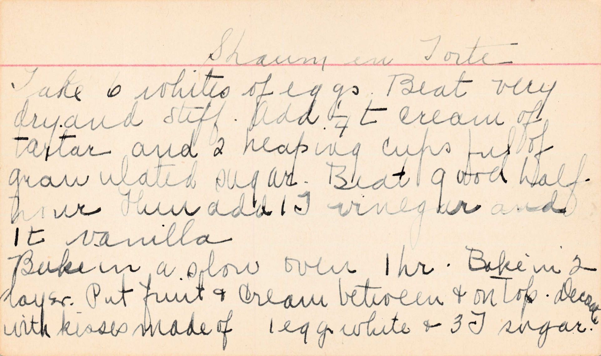 Handwritten recipe for a layered torte, with instructions for ingredients, baking, and frosting.