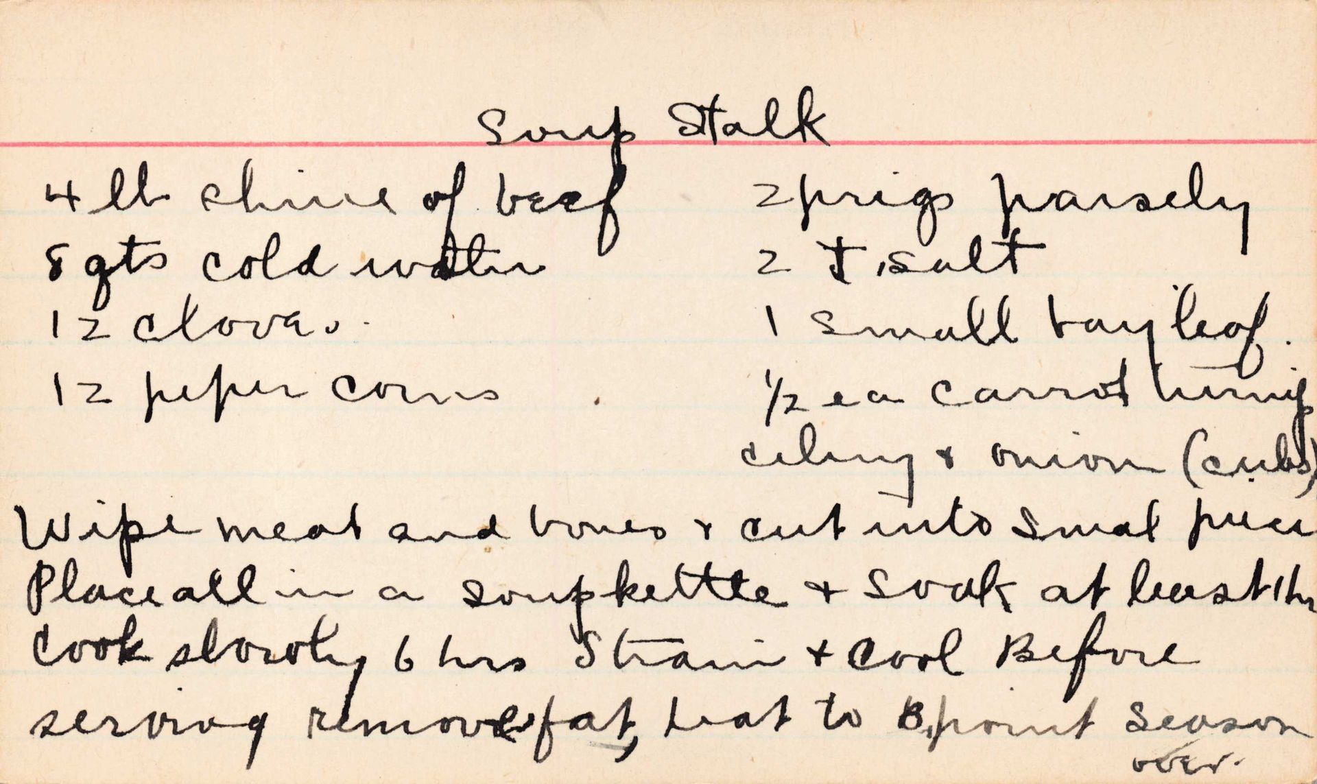 Handwritten recipe card for soup stock with ingredients and instructions.