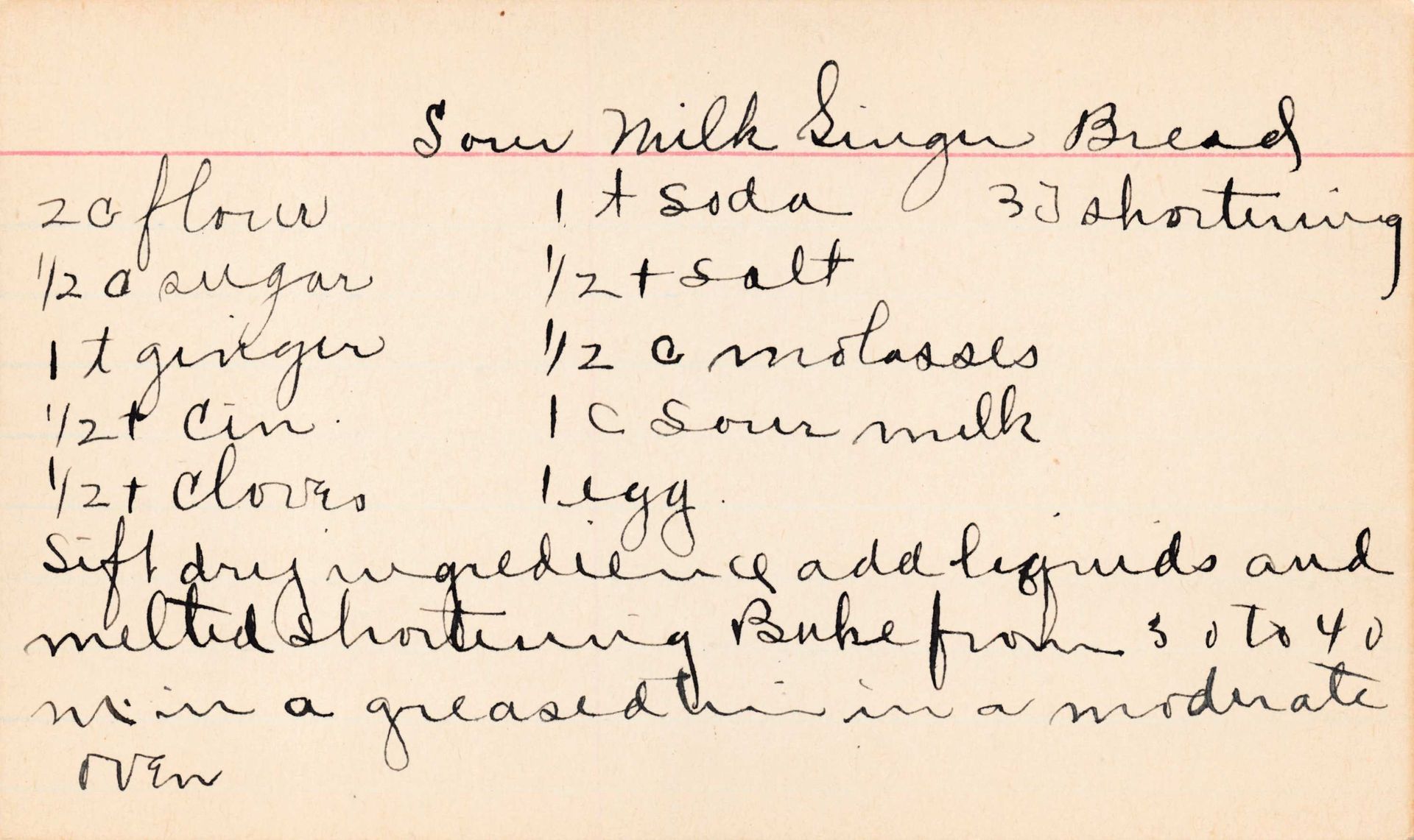 Handwritten recipe card for Sour Milk Gingerbread with ingredients and instructions.