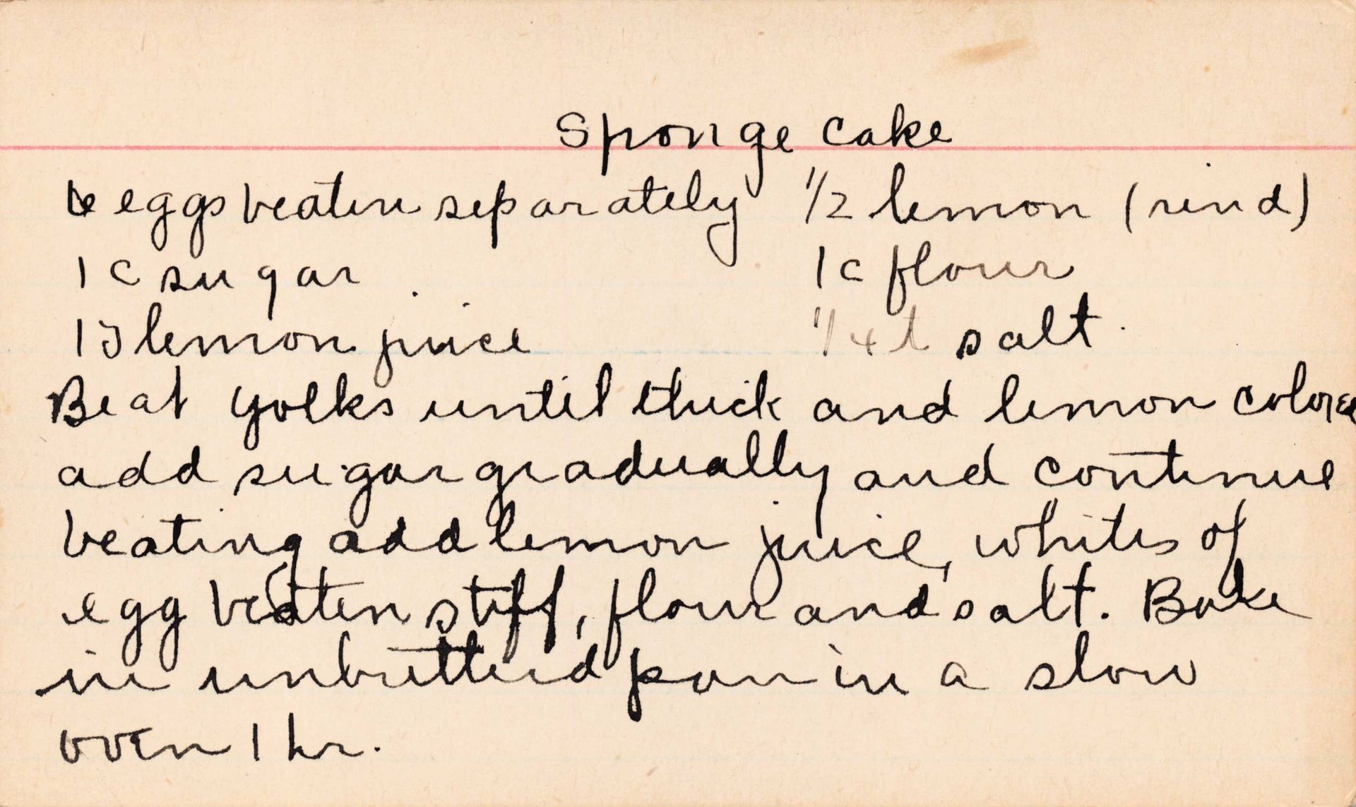Handwritten recipe card for sponge cake with ingredients and instructions.