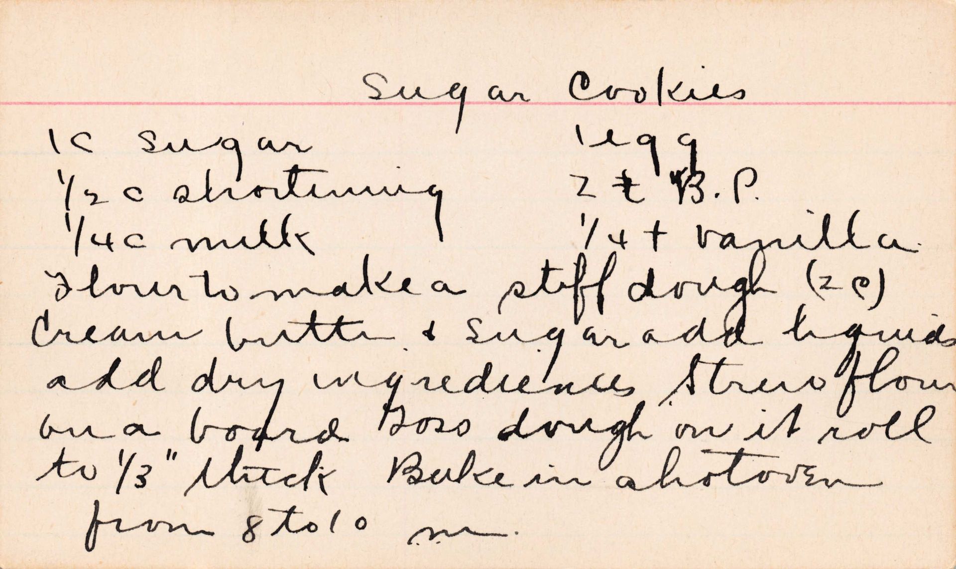 Handwritten recipe card for sugar cookies; lists ingredients and baking instructions.