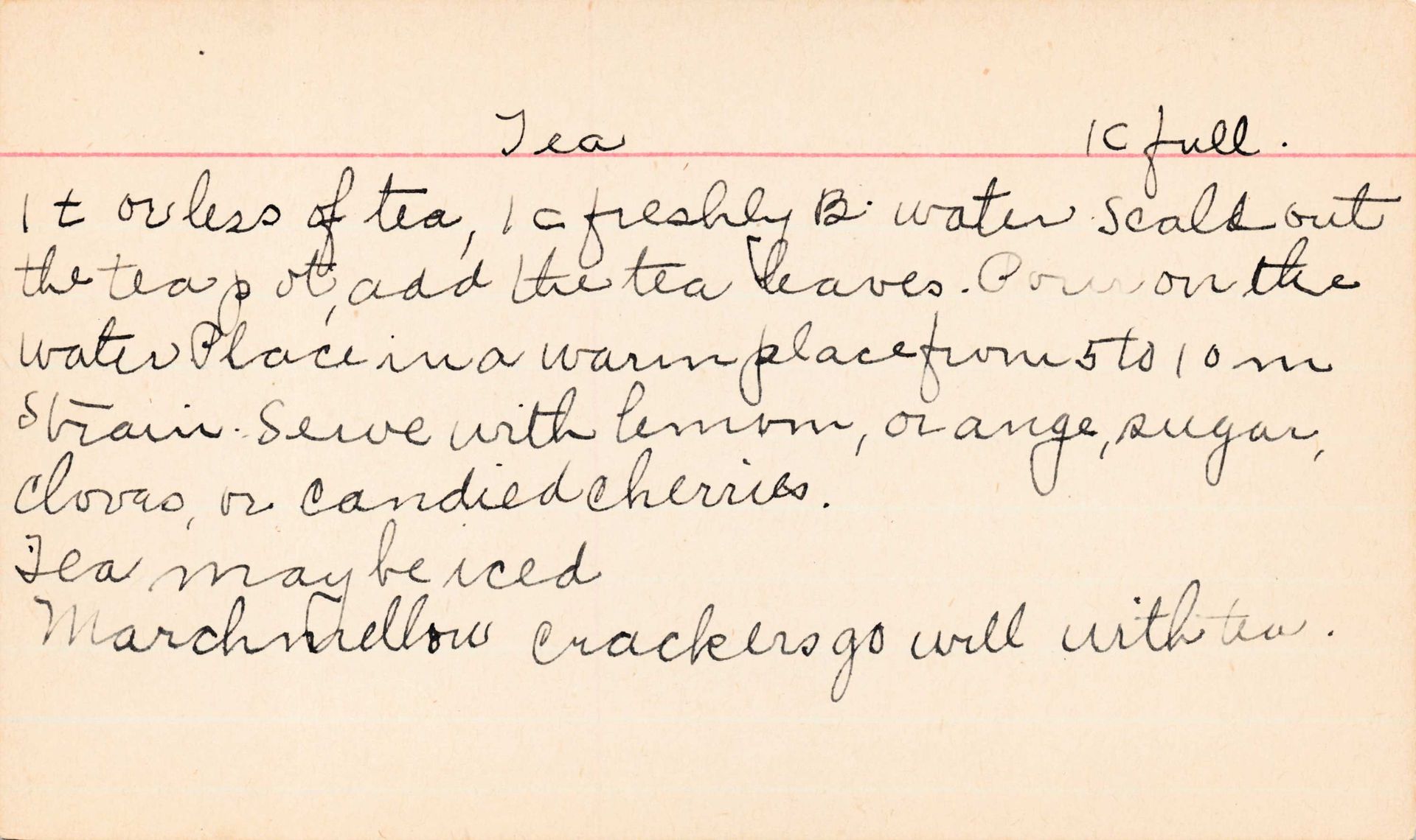 Handwritten recipe card for tea, with instructions for brewing and serving.