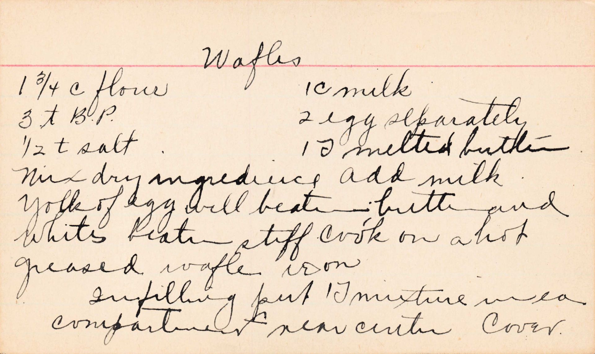 Handwritten recipe card for waffles.