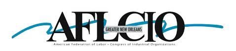 Logo for the Greater New Orleans AFL-CIO featuring black text with a blue swoosh graphic.
