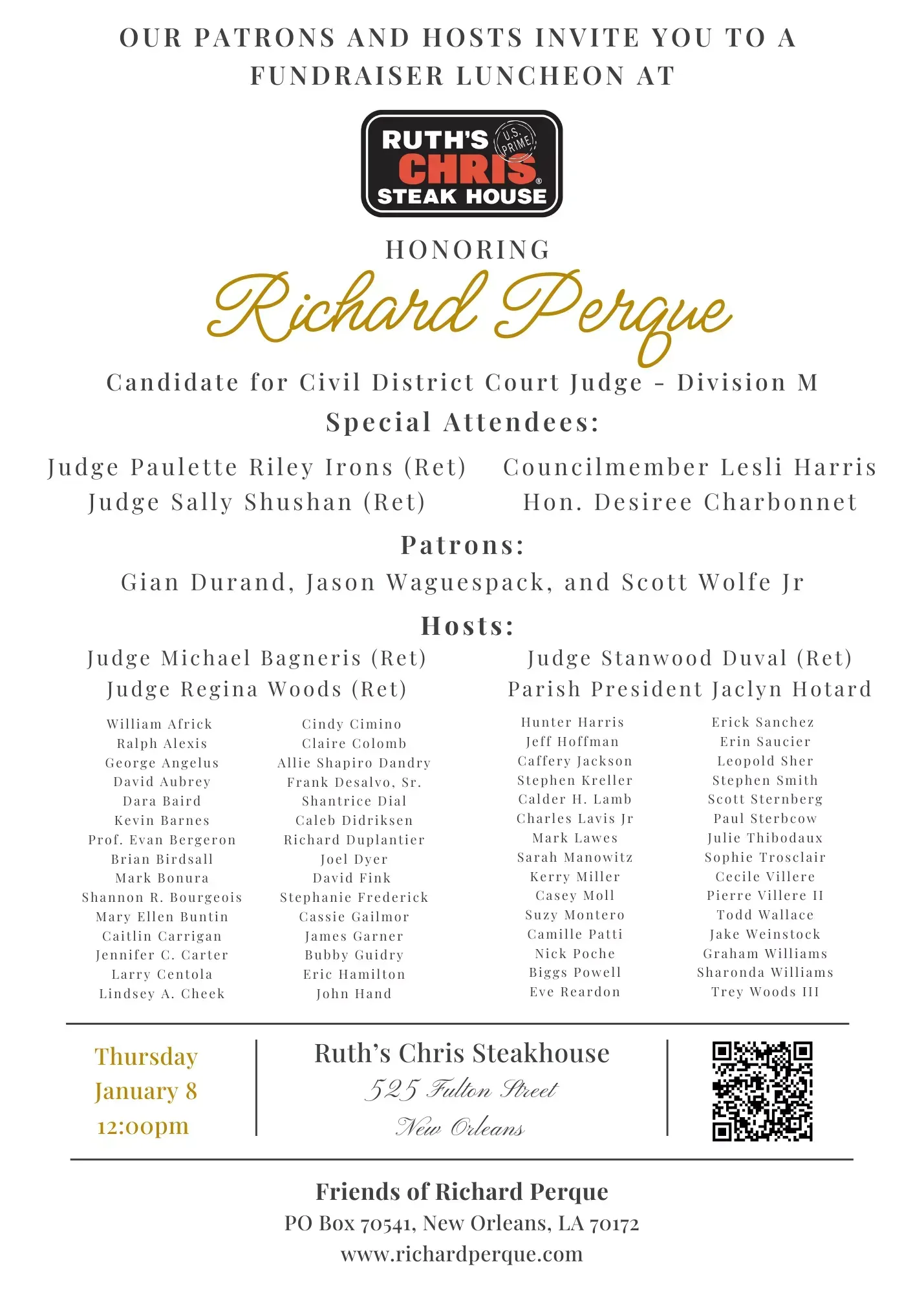 Fundraiser luncheon flyer at Ruth's Chris Steak House honoring Richard Perque. Lists patrons, hosts, and special attendees.