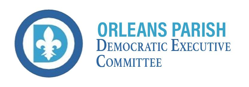 Orleans Parish Democratic Executive Committee logo featuring a blue circle with a white fleur-de-lis inside.