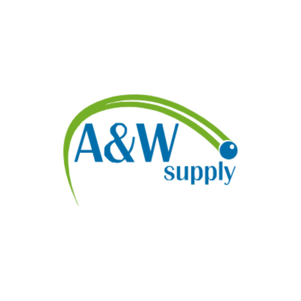 Logo of A & W supply, blue text, green arc, and a blue circle.