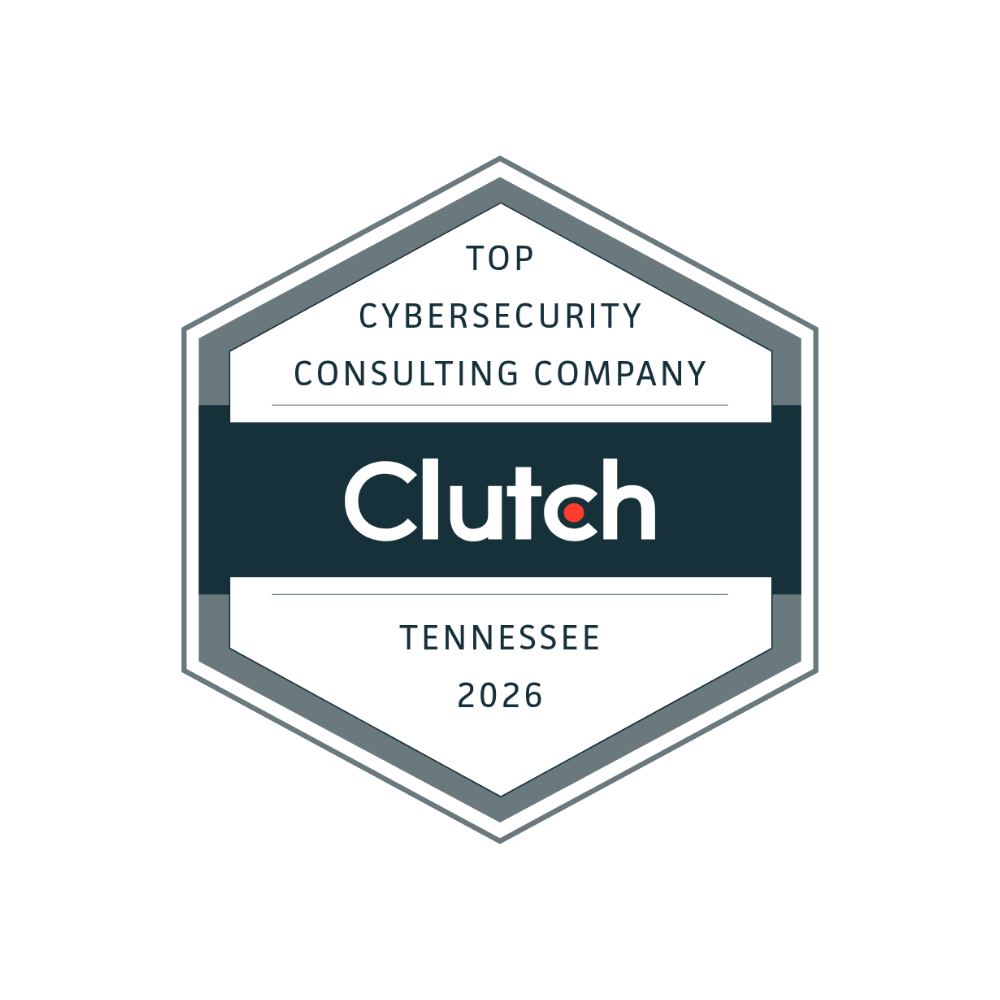 Clutch's Top Cybersecurity Consulting Company in Tennessee 2026 award badge, white, gray, and dark teal hexagon.