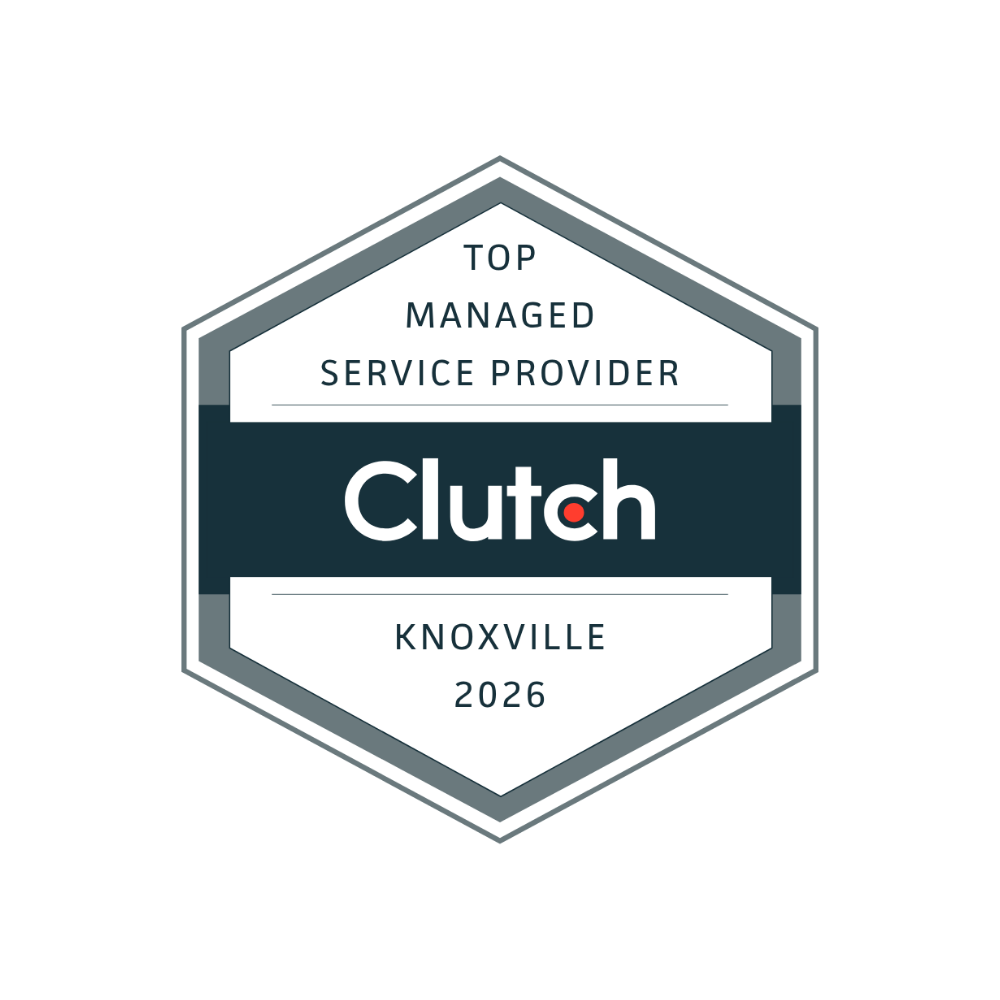 Clutch Top Managed Service Provider badge, Knoxville 2026. Hexagon shape with gray and dark blue.