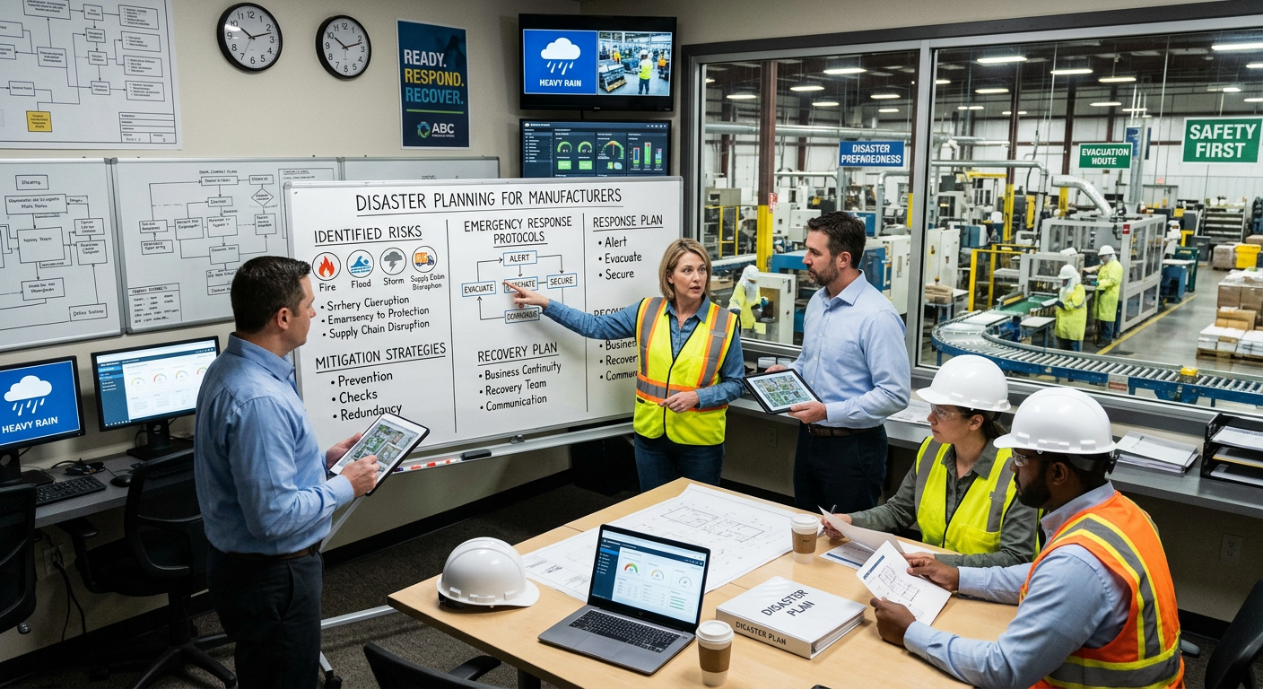 Team members in a factory office discuss a project strategy written on a whiteboard, overlooking a production floor.