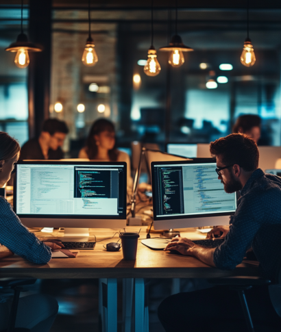People working at computers in a dimly lit office with overhead lights. People working at computers in a dimly lit office with overhead lights.