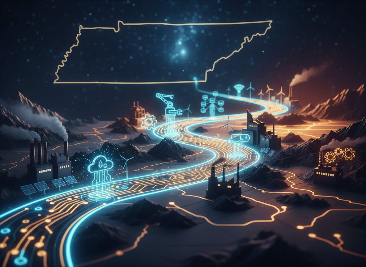 Glowing circuit path through mountainous terrain, leading to a stylized outline of Tennessee, with technology icons.