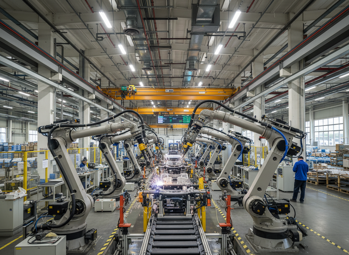 Robots welding car parts on an assembly line in a factory. A worker in blue stands nearby.