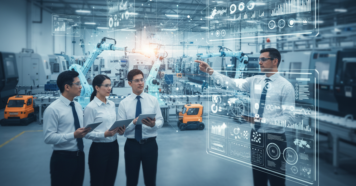 Four people in a factory, one pointing at a transparent data display. Robots and machinery in background.