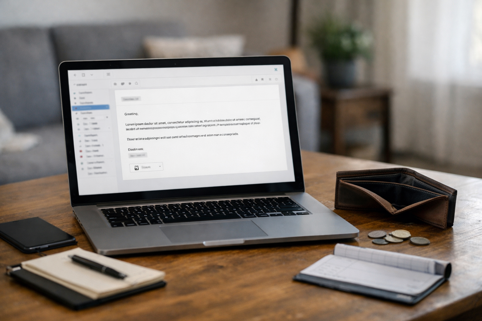 A laptop open on a wooden desk displaying an email, with a wallet, coins, a notebook, and a pen nearby.