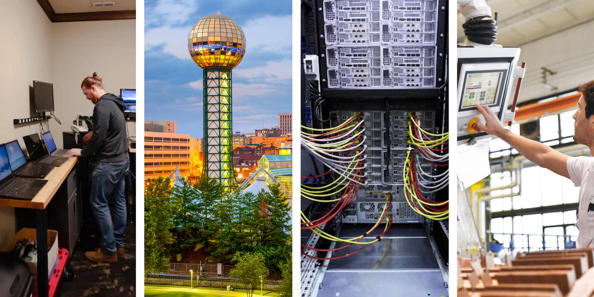 A person at computers, city tower, server rack, and person operating a machine in a factory.