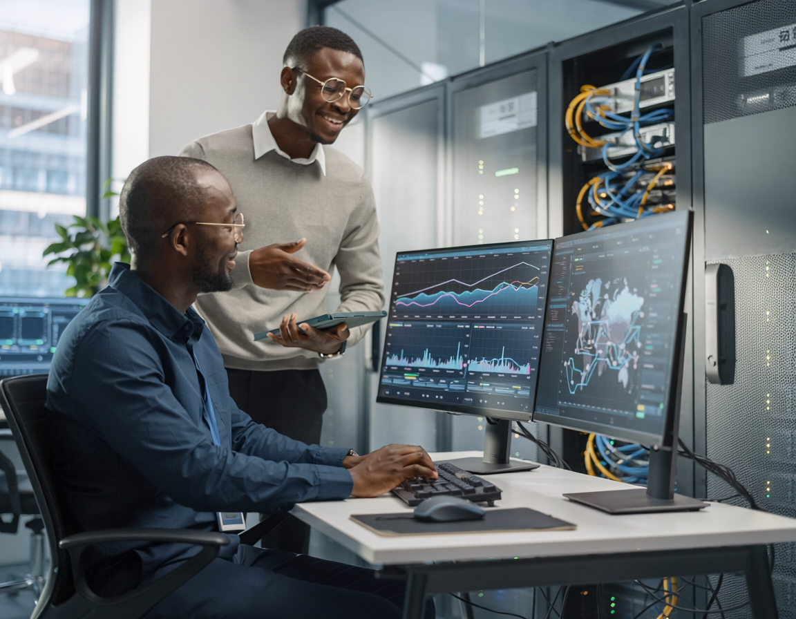 Two professionals working in a server room, viewing data charts and network maps on computer monitors.